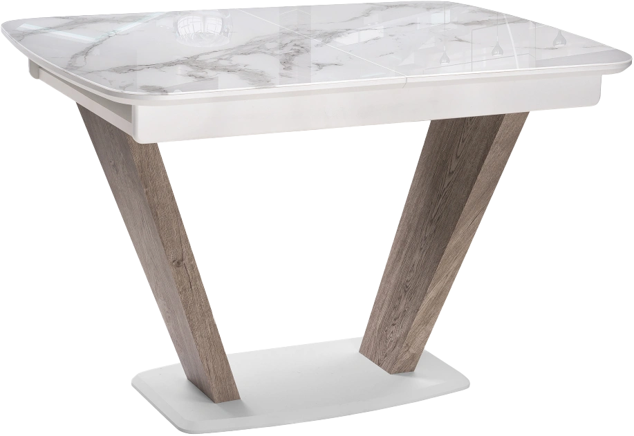 Кухонный обеденный раздвижной cтол Петир, стекло, белая шагрень, каркас дуб с пилением