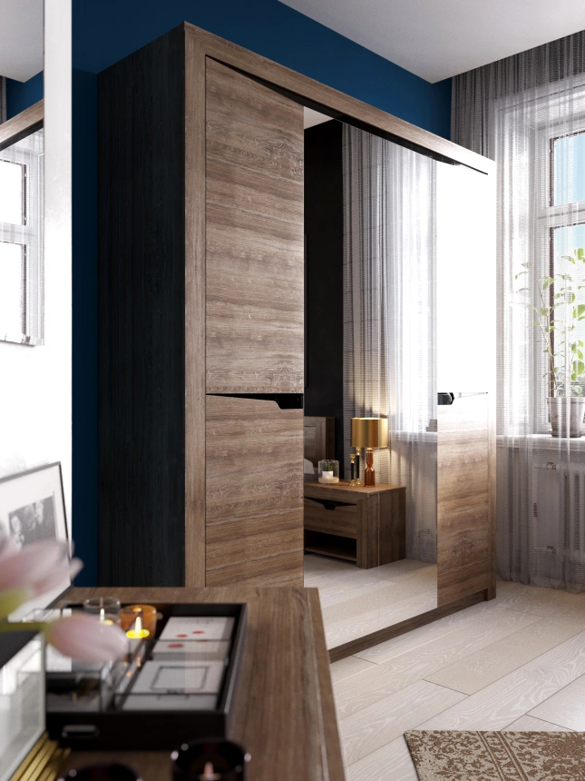 Шкаф четырехдверный Соренто, распашной с зеркалом, дуб стирлинг