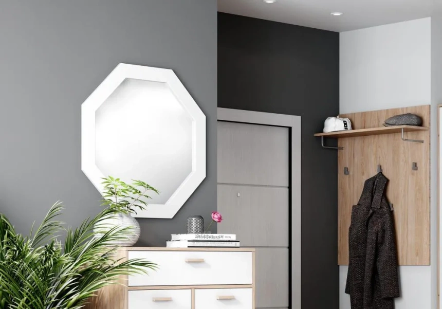 Зеркало Калгари, настенное, октагон, дуб светлый / белый матовый