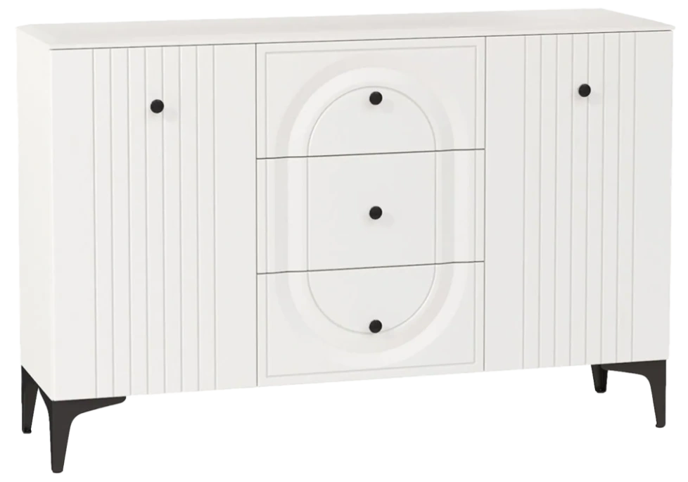 Комод Вестра, с тремя ящиками и полками, белый pe шагрень / белая шагрень