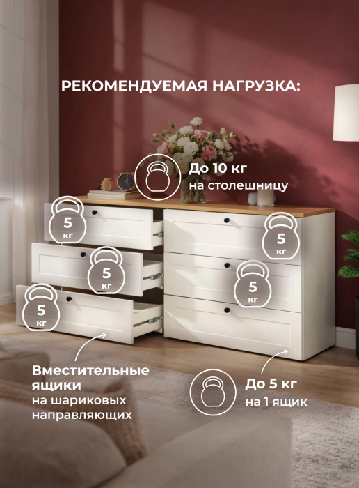 Комод Опра 16.240, широкий, с ящиками, белый шагрень / дуб золотой craft