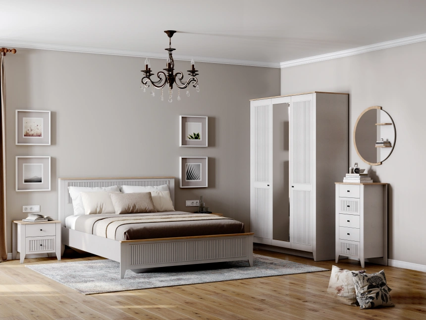 Шкаф трехдверный Валенсия, распашной с зеркалом, персидский жемчуг / дуб натуральный светлый