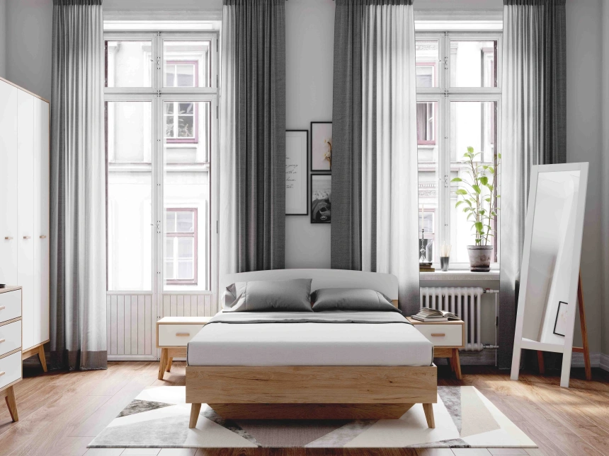 Кровать Калгари 160, двуспальная, дуб натуральный светлый / белый матовый