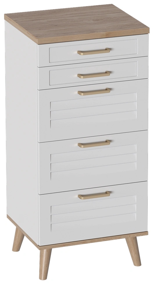 Комод Гавана, на ножках, с пятью ящиками, дуб натуральный светлый / белый матовый