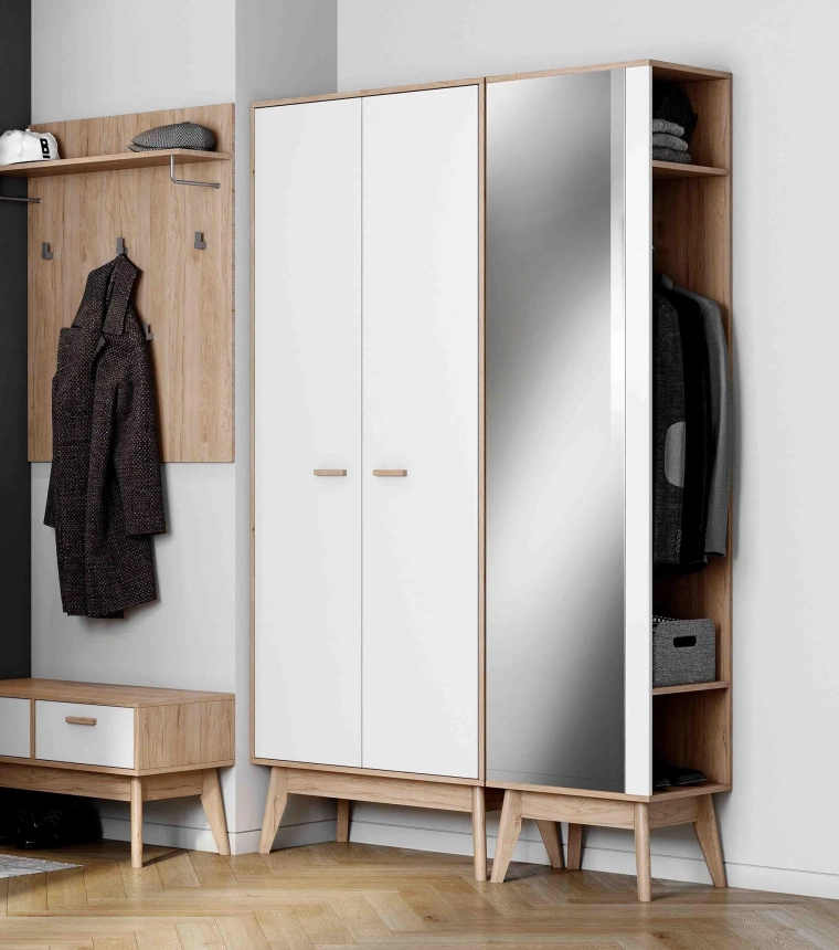 Шкаф с зеркалом Калгари, открытый, дуб светлый / белый матовый