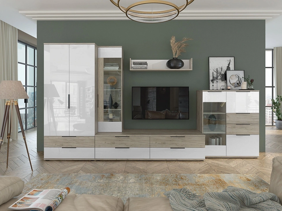 Модульная гостиная Альянс 1, дуб крафт / белый глянец