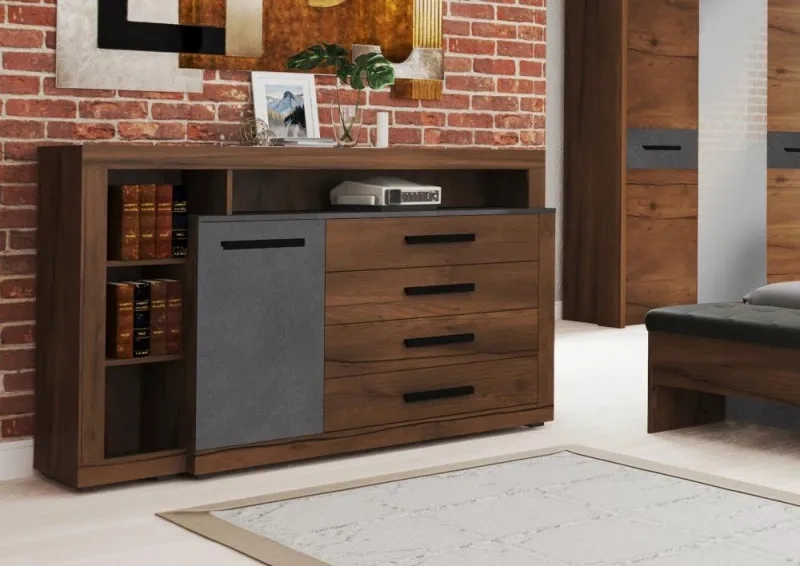 Комод Глазго, c дверцей и четырьмя ящиками, металл бруклин / таксония